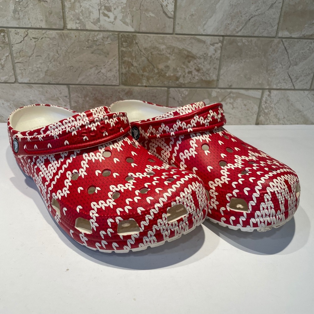 Crocs Classic Clog Red White Knit Sweater Print Holiday Mens‎ 10 Womens 12